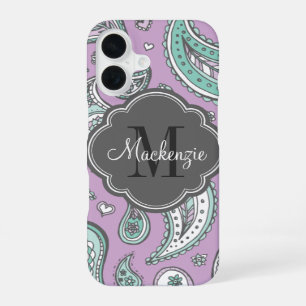 Lilac Bohemian Paisley Custom Monogram iPhone 16 Case