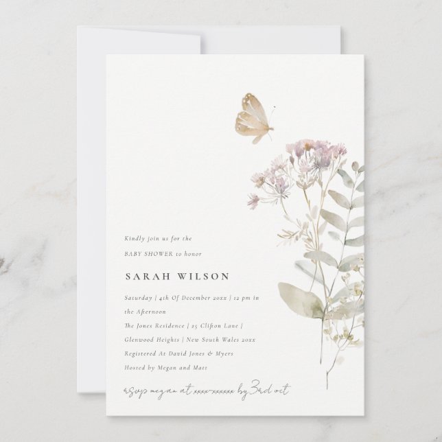Lilac Boho Wildflower Fern Botanical Baby Shower Invitation (Front)