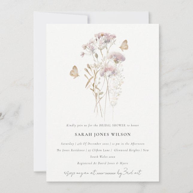 Lilac Boho Wildflower Fern Botanical Bridal Shower Invitation (Front)