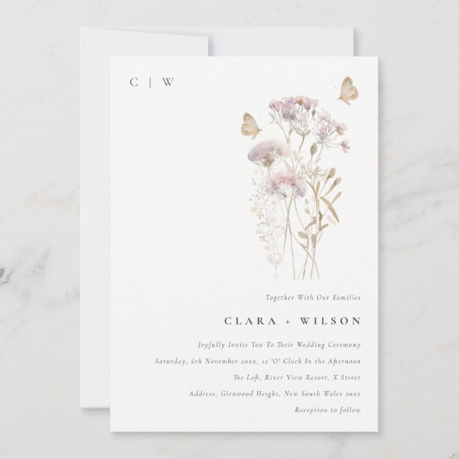 Lilac Boho Wildflower Fern Botanical Wedding Invitation (Front)