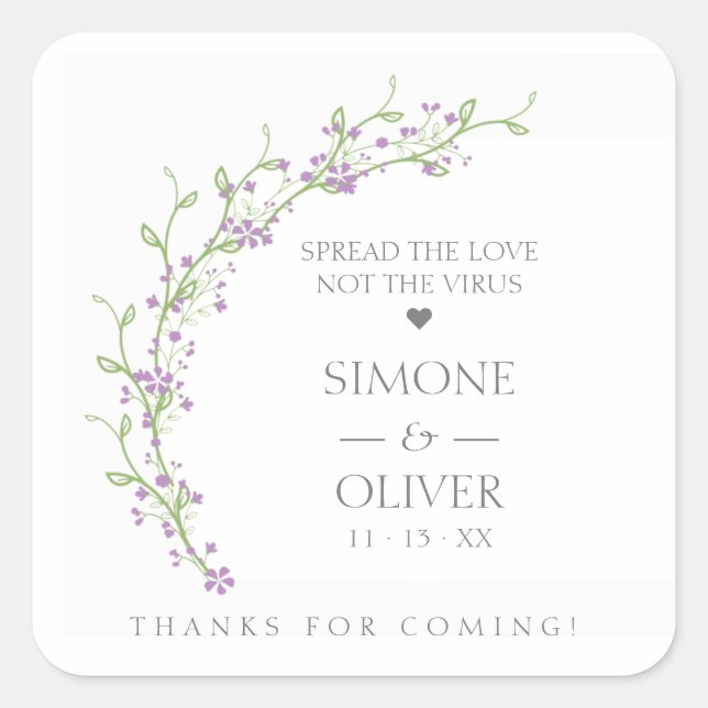 Lilac Botanical Elegant Wreath Wedding Sanitizer Square Sticker (Front)