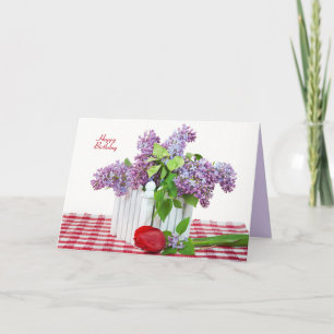 lilac bouquet with red tulip for birthday card