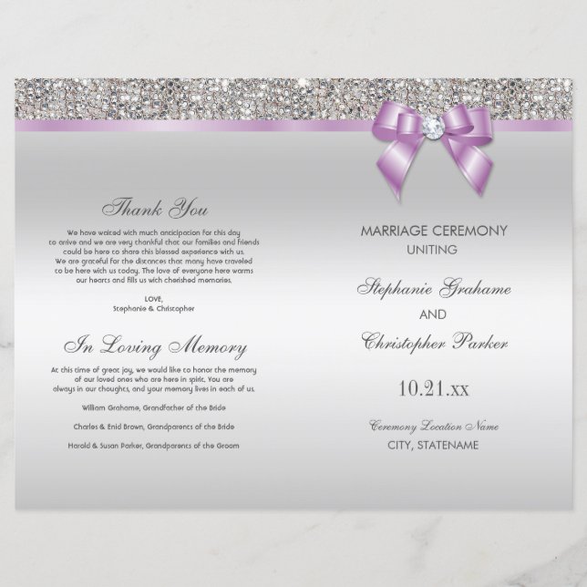 Lilac Bow Sequins d'argent Mariage programme de cé (Devant)