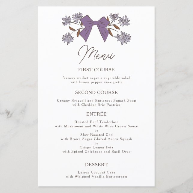 Lilac Bows Menu Mariage Dîner Fleur (Devant)