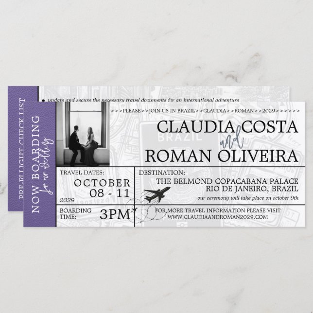 Lilac Brésil Mariage Boarding Pass Invitation (Devant / Derrière)