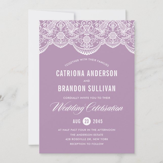 Lilac Brocade Lace Wedding Invitation II (Front)