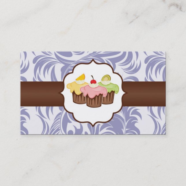 Lilac & Brown Floral Cup Cake Bakery Business Card (Front)