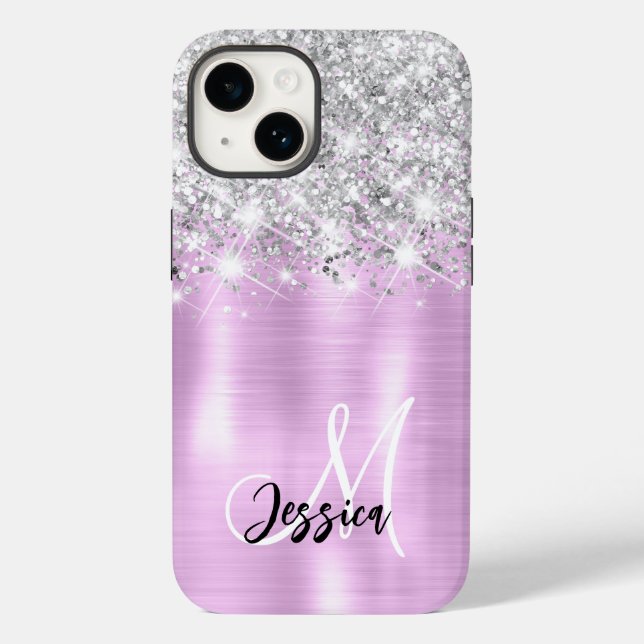 Lilac Brushed Metal Silver Glitter Monogram  Case-Mate iPhone Case (Back)
