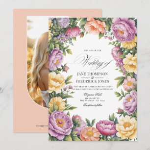 Lilac, Butter Yellow and Pale Coral Floral Wedding Invitation