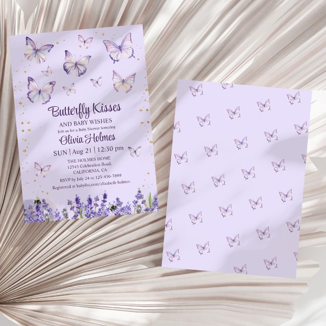 Lilac Butterfly Baby Girl Shower Invitation (Lilac Butterfly Baby Girl Shower Invitation on a dry white palm leaf.)