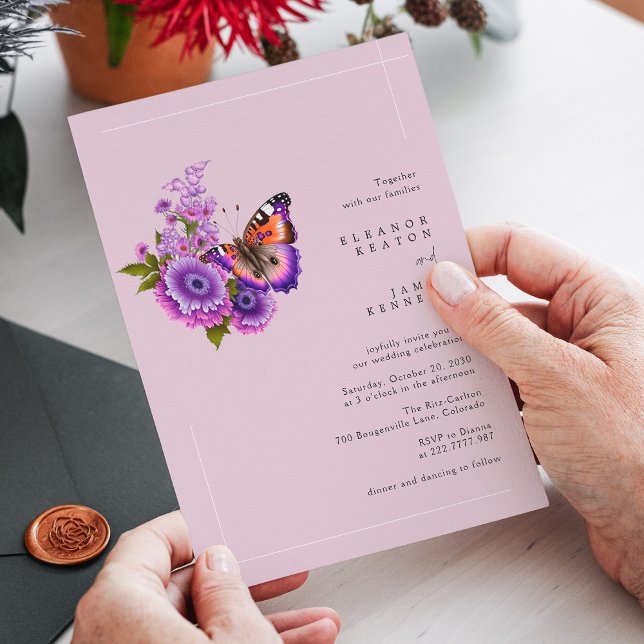 Lilac Butterfly Dream | Modern Wedding Typography Invitation (Purple Floral Butterfly_ Modern Rustic Wedding Invitation)