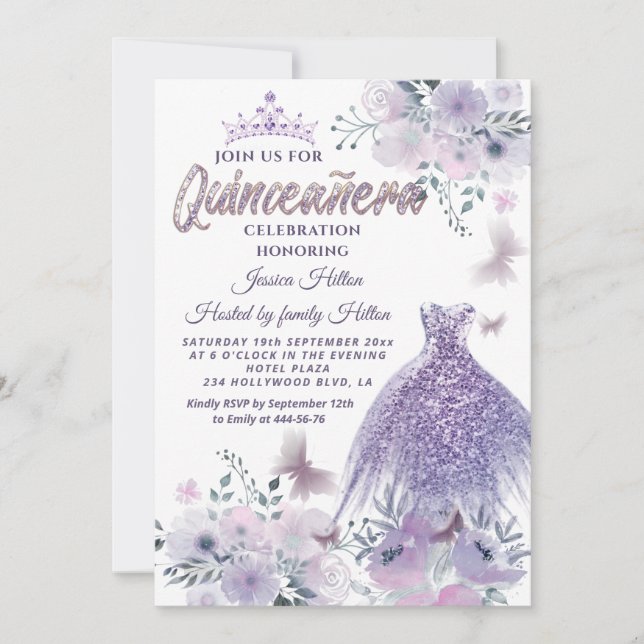 Lilac Butterfly floral garden tiara Quinceañera  Invitation (Front)