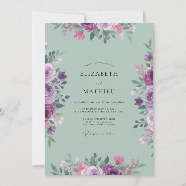 Lilac Celadon Painted Wedding Invitation (Front)