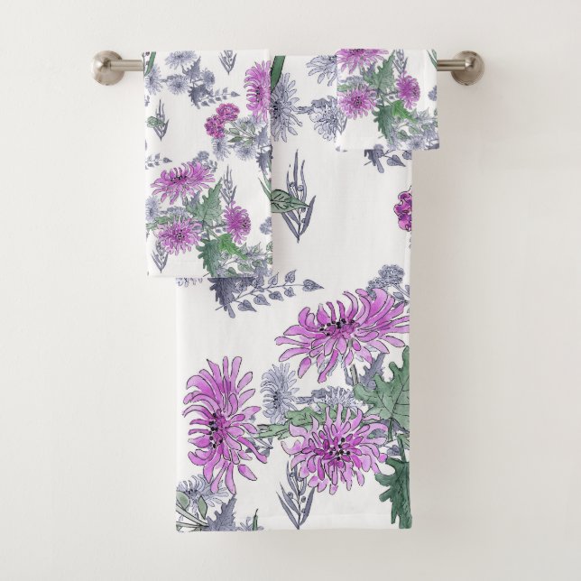 Lilac chrysanthemums , watercolor bath towel set (Insitu)
