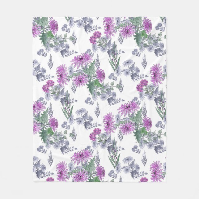 Lilac chrysanthemums , watercolor fleece blanket (Front)