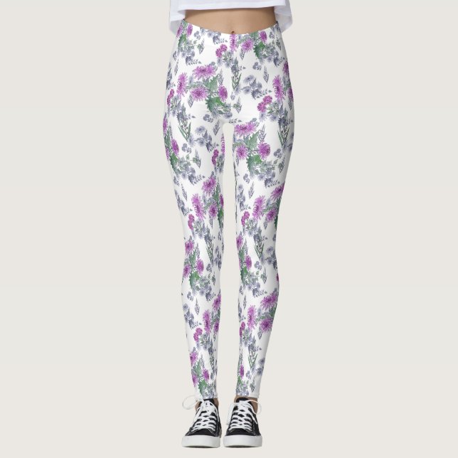 Lilac chrysanthemums , watercolor leggings (Front)