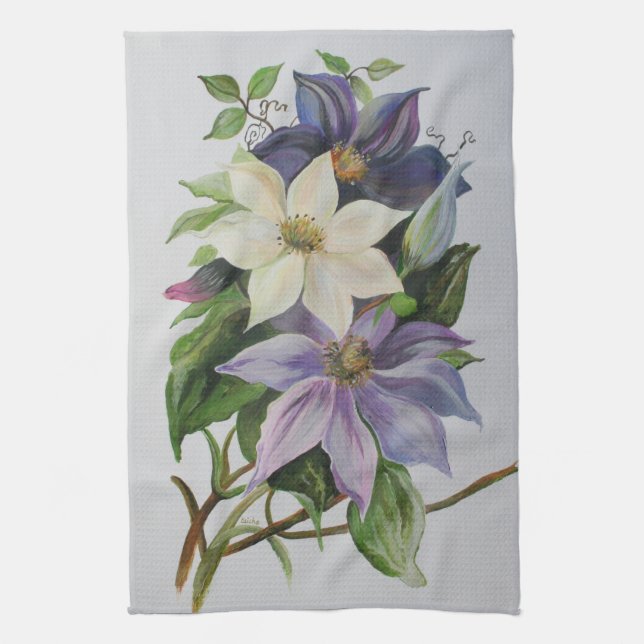 Lilac Clematis Vine Acrylic Painting Kitchen Towel (Vertical)