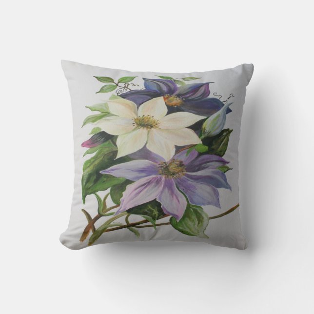 Lilac Clematis Vine Acrylic Painting Throw Pillow (Front)