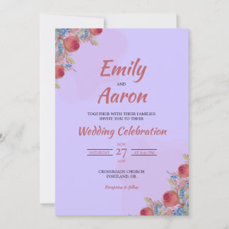 Lilac Coral Rose Boho Floral Watercolor Wedding Invitation