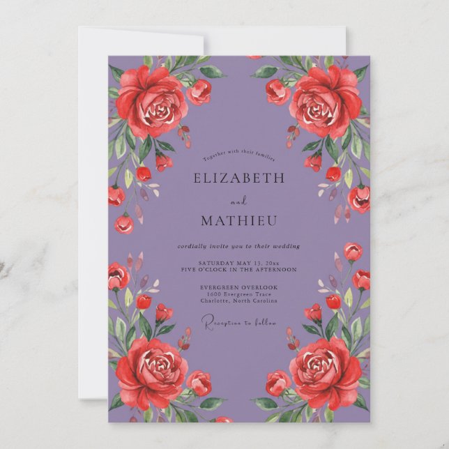 Lilac Crimson Rose Wedding Invitation (Front)