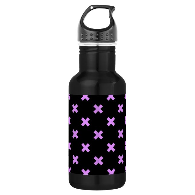 Lilac cross stitches on black 532 ml water bottle (Front)