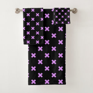 Lilac cross stitches on black bath towel set