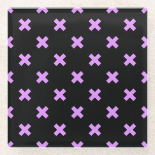 Lilac cross stitches on black glass coaster