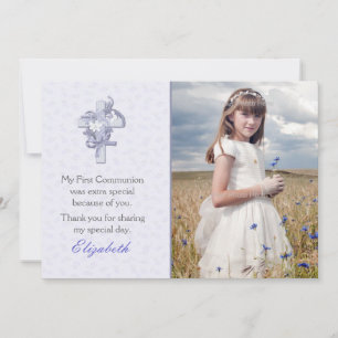 Lilac Cross with Flowers Religious Photo Thank You Card