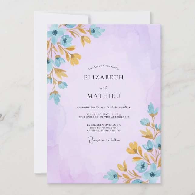 Lilac Cyan Leafy Wedding Invitation (Front)