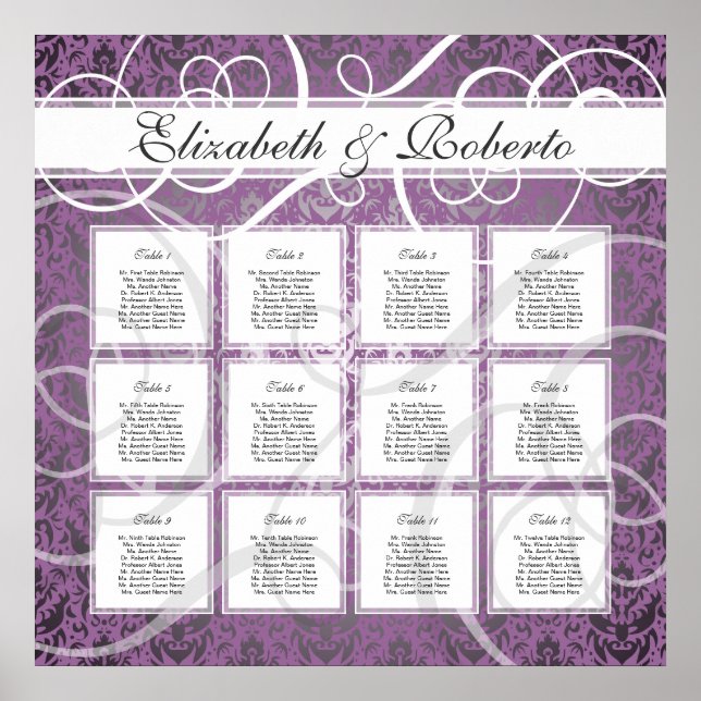 Lilac Damask 12 Table Wedding Seating Plan Chart (Front)