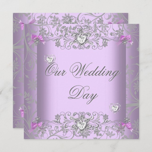 Lilac Damask Wedding Silver Diamond Hearts Invitation (Front/Back)
