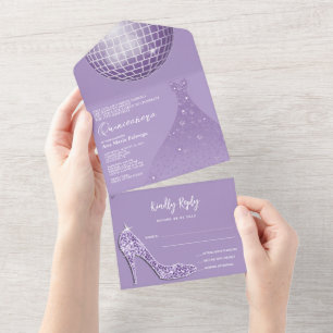 Lilac Disco Ball, Stiletto & Ball Gown Quinceañera All In One Invitation