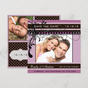 Lilac Dots and Swirls Wedding Photo Save the Date Invitation