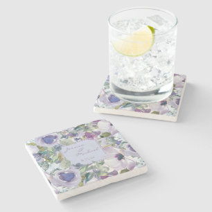 Lilac Dusty Blue Floral Couple's Names Wedding Stone Coaster