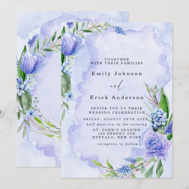 Lilac Dusty Blue Tulip Peony Hyacinth Wedding Invitation (Front/Back)