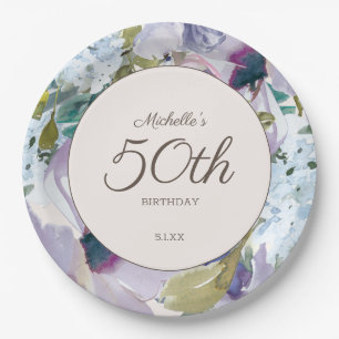 Lilac Dusty Blue Watercolor Floral 50th Birthday Paper Plate