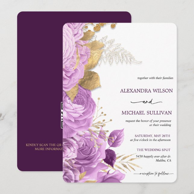 Lilac et or Floral Élégant mariage Invitation (Devant / Derrière)