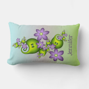 Lilac Fantasy Flowers Green Shapes Fractal Name Lumbar Pillow