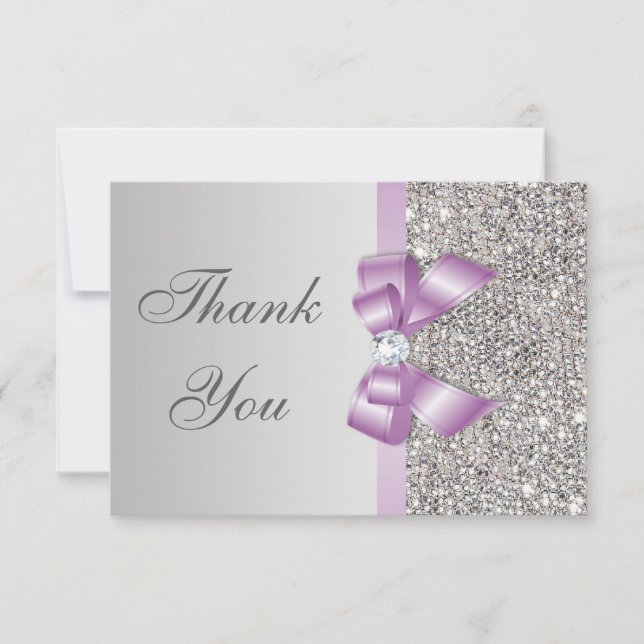 Lilac Faux Bow Silver Diamonds Thank You Card (Front)