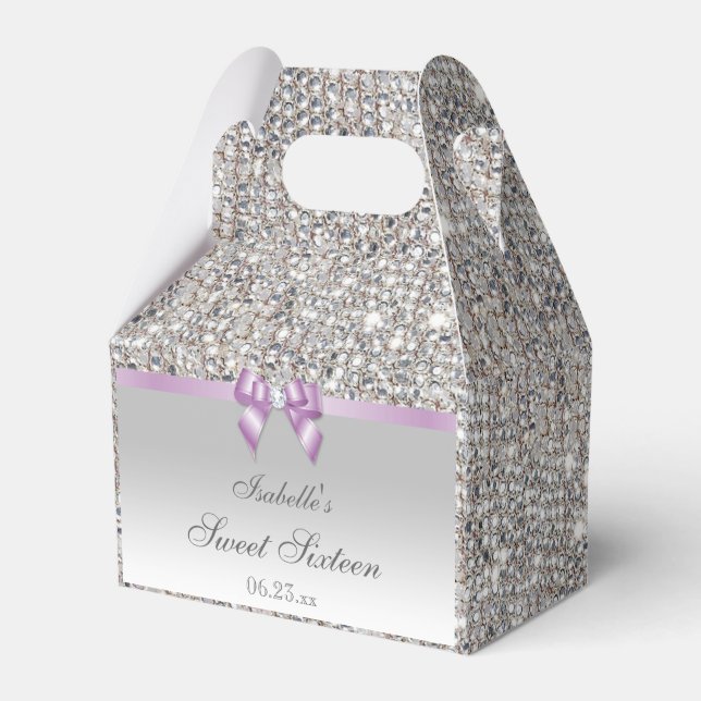 Lilac Faux Bow Silver Sequins Sweet 16 Favor Box (Front Side)