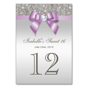 Lilac Faux Bow Silver Sequins Sweet 16 Table Number
