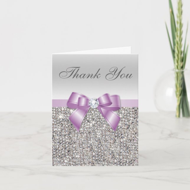 Lilac Faux Bow Silver Sequins Thank You Card (Front)