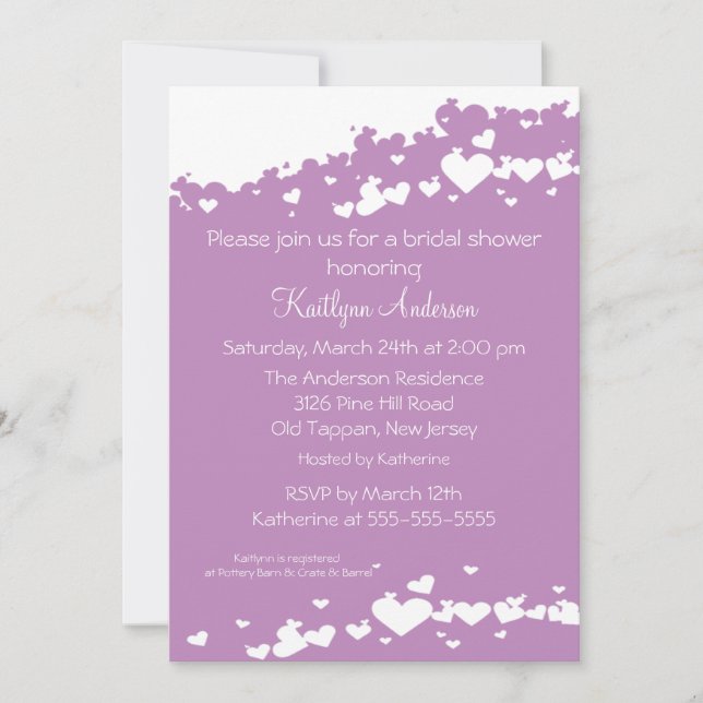 Lilac Field of Hearts Bridal Shower Invitation (Front)