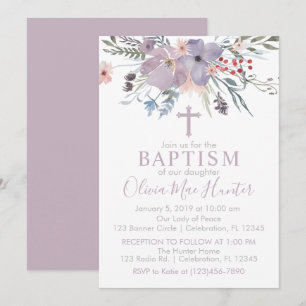 Lilac Fleurs Fille Baptême Invitation
