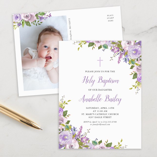 Lilac Floral Baby Girl Baptism Invitation Postcard (Creator Uploaded)