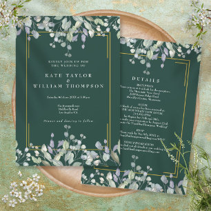 Lilac Floral Emerald All In One Wedding Details Invitation