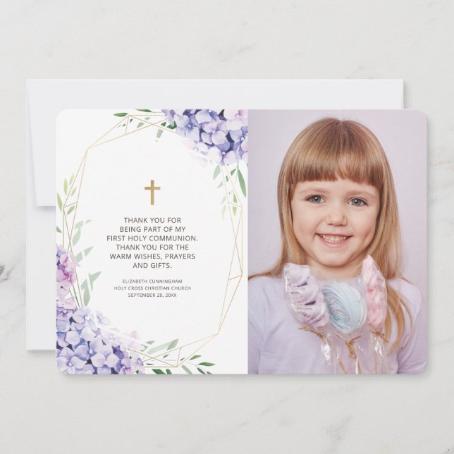 Lilac Floral Geometric Photo Communion Thank You Card (Front)