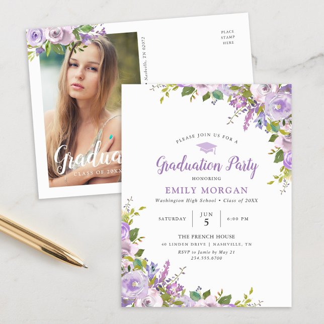 Lilac Floral Graduation Party Invitation Carte pos (Créateur téléchargé)