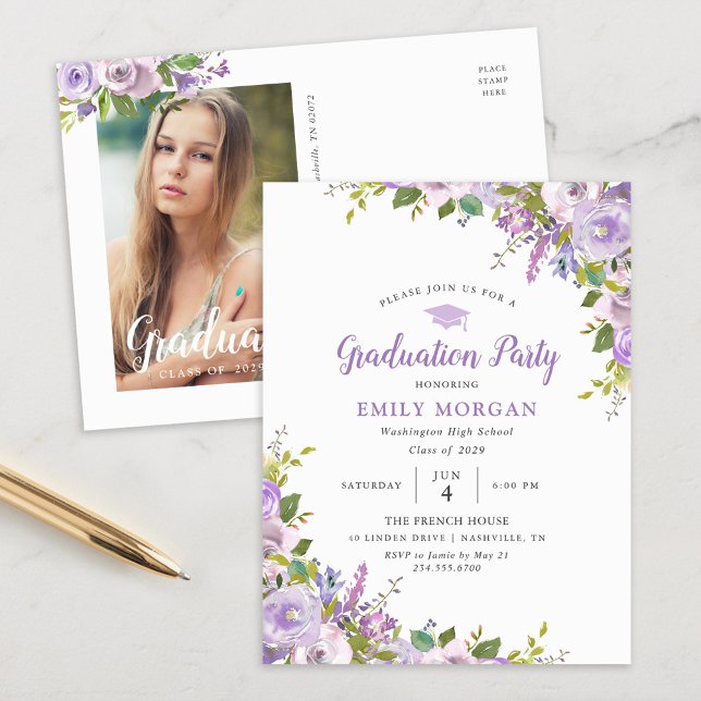 Lilac Floral Graduation Party Invitation Carte pos (Créateur téléchargé)