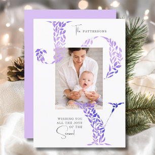 Lilac Floral JOY Christmas Family Photo Holiday Card